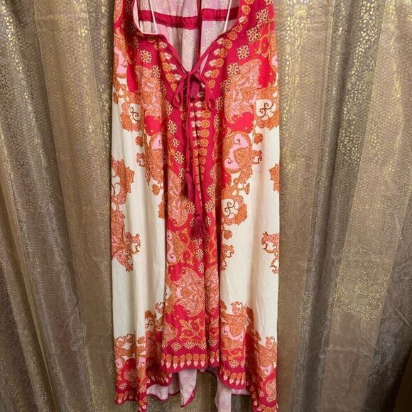Vici Hot Pink Orange Vineyard Border Print Open Back Hi Low Maxi Dress Medium - Picture 9 of 12